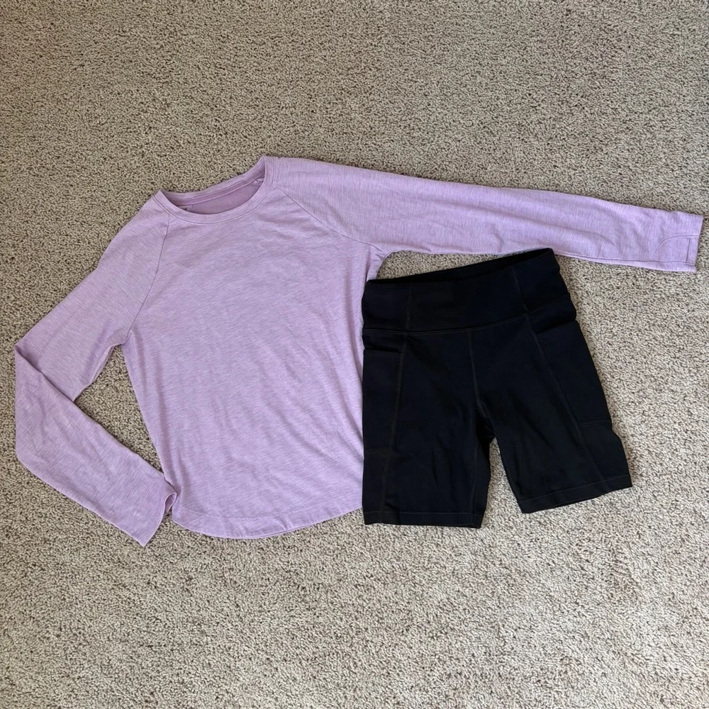 Athleta Girls Black Bike Shorts and Athleta lavender Top size 8-10